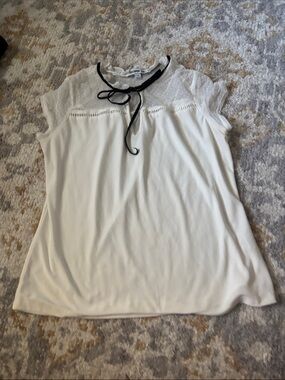 Charming White Tie-Neck Blouse with Black Trim